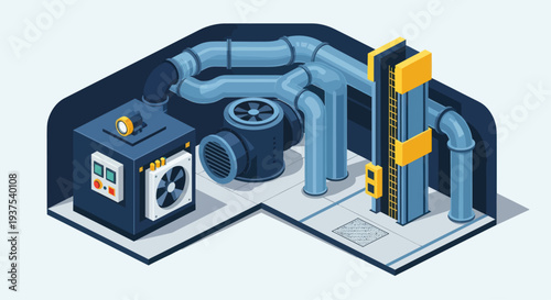 Industrial HVAC system with pipes and fan unit.