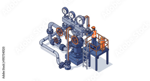 Industrial isometric illustration of a worker operating a complex machinery system.