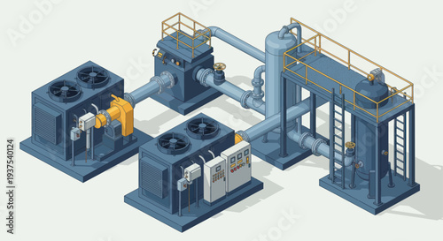 Industrial HVAC system with cooling towers and machinery.
