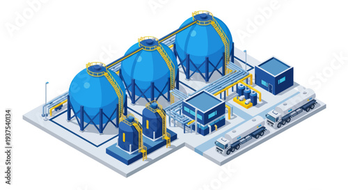 Industrial LNG Storage Facility with Trucks and Buildings.