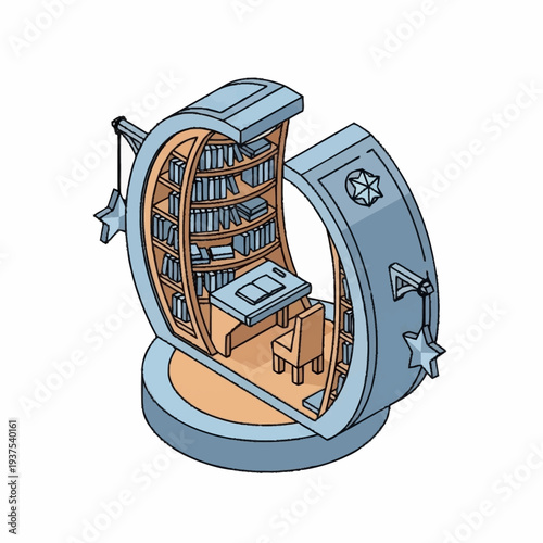 Futuristic library in a metallic dome with bookshelves and study desk.