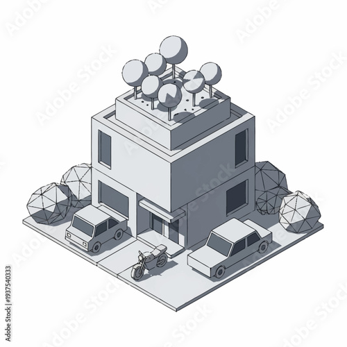 Isometric illustration of a building with satellite dishes and vehicles.