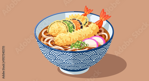 Udon Noodle Soup with Tempura and Kamaboko