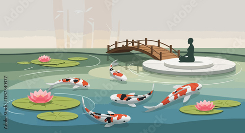 Zen Koi Pond with Meditation Figure