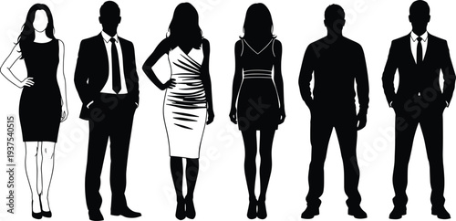 Set of diverse adult silhouettes featuring men and women in professional business suits elegant evening dresses and casual autumn coats for social networking graphic design