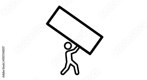 Stick figure icon illustrating a person carrying a heavy rectangular burden or large load, symbolizing challenges, responsibility, and arduous hard work in a business or life concept.