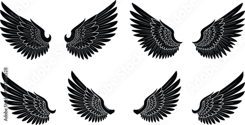 Set of Eight Black Wing Silhouettes Vector Illustration Featuring Detailed Bird Angel and Eagle Wings Isolated on White Background for Tattoo and Logo Design