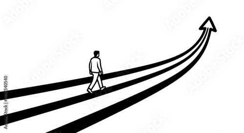 Man walking illustration on an upward path, symbolizing progress, growth, and future direction in business. This minimalist black and white line art graphic depicts aspiration towards success and over