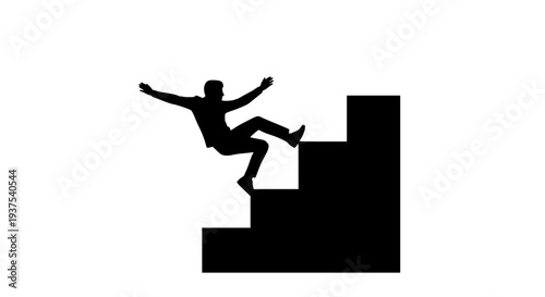 Silhouette of Businessman Falling Down Stairs Representing Career Failure, Financial Crisis, Workplace Accident Risk, or Sudden Decline in Business Momentum