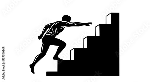 Strong male athlete vigorously climbing steep staircase steps symbolizing physical fitness, career progression, aspiration, and overcoming challenges toward achieving ambitious future goals.