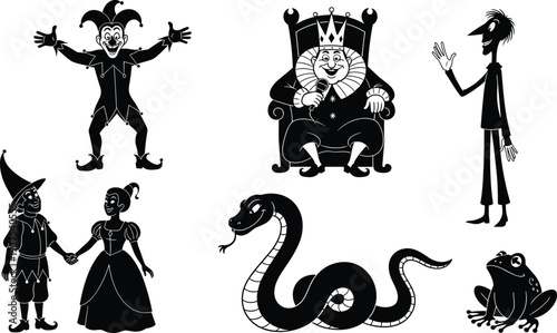 Set of Fairy Tale Character Silhouettes Featuring a King Jester Frog Snake and Royal Couple Isolated on White Background for Fantasy Storybook Graphic Design