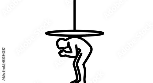 Struggling person icon bearing heavy weight or high pressure from overhead object representing overwhelming stress, fatigue, or burden concept in outline style.