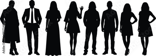 Set of diverse adult silhouettes featuring men and women in professional business suits elegant dresses and casual autumn coats for social networking graphic design
