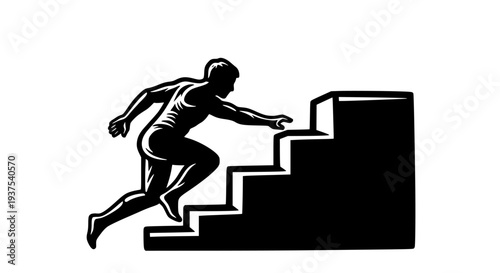 Graphic silhouette illustration of a man climbing steps, representing the ambitious journey of progress and achievement. Conceptual design symbolizing effort, determination, challenge, and success 