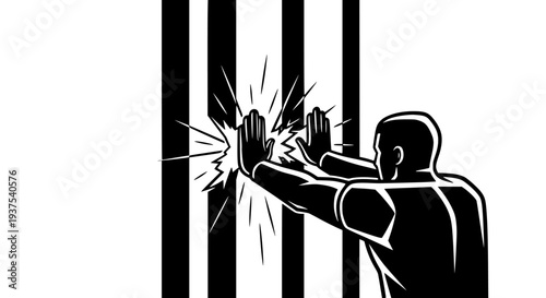 Man pushing against a vertical striped barrier in a graphic black and white illustration, symbolizing overcoming obstacles, breaking free, challenging limits, and achieving breakthrough, 