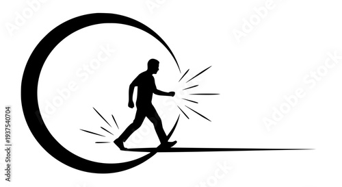 Abstract silhouette of a man in motion, powerfully striding forward with radiating lines, suggesting momentum, breakthrough, and progress within a dynamic curved frame on a clean background.
