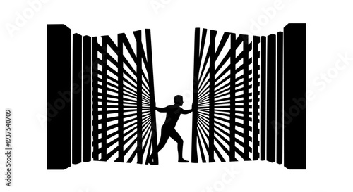 Man silhouette pushing open abstract patterned gates, revealing a bright path forward and new opportunities, symbolizing breakthrough, freedom, overcoming challenges, and determination in business and