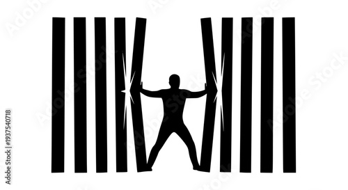 Silhouette of person forcefully opening vertical black and white bars creating a gap representing breakthrough opportunity, freedom, and new beginning.