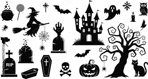 Set of Halloween silhouettes featuring haunted castle graveyard tombstones zombie hand rising from grave spooky witch flying on broom and pumpkin icons for holiday design