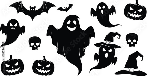 Set of Halloween silhouettes featuring spooky ghosts carved jack o lantern pumpkins human skulls flying bats and witch hats isolated for holiday graphic design