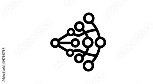 Simple black line icon representing a complex interconnected network structure symbolizing data flow, artificial intelligence, or complex system organization isolated on white.