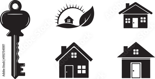 Black and white house key and home icons on white background