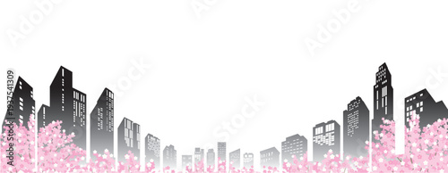 桜が咲く春の街並みイラスト. 