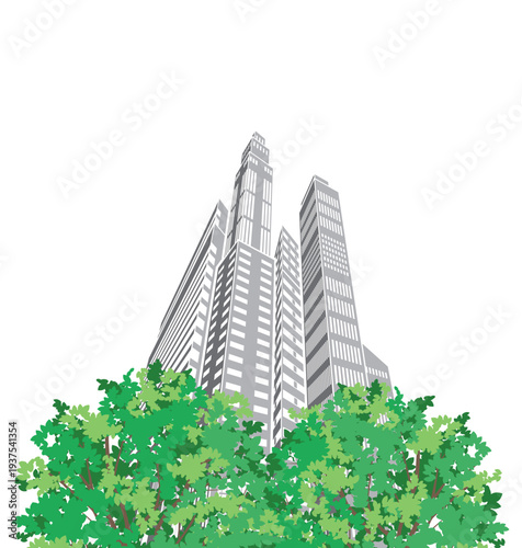 緑豊かな爽やかな街並みイラスト. 