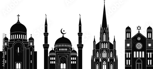 Set of religious building silhouettes featuring church mosque cathedral and synagogue icons isolated on white background for architectural global faith and community design