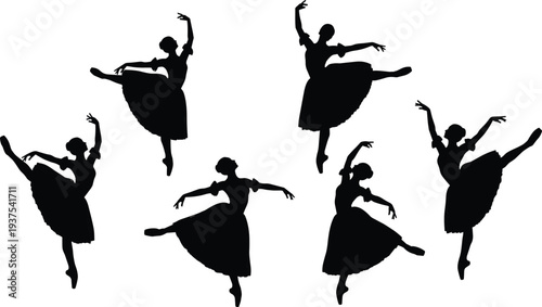 Set of Six Black Ballerina Silhouettes Vector Illustration Featuring Graceful Ballet Dancers in Tutus Performing Different Poses Isolated on White Background for Dance Art