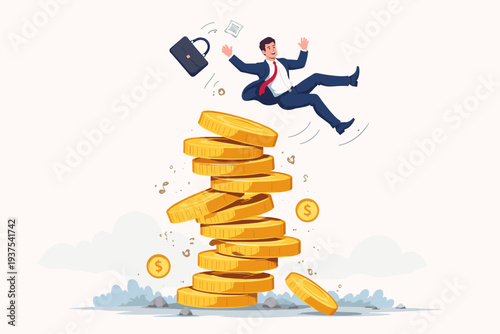 Vector illustration of a businessman falling off a wobbly pile of gold coins, symbolizing financial instability, economic crisis, market volatility, investment risk, and bankruptcy concept.