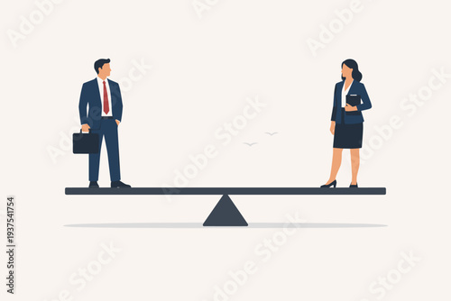 Gender equality and diversity in business concept with professional man and woman standing on balanced seesaw scale representing fairness, justice, equal rights, and career opportunity at work