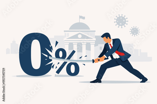 Businessman Using Katana Sword to Cut Zero Percent Interest Rate Sign in Front of Government Building, Representing Central Bank Monetary Policy, Federal Reserve Action, and Economic Stimulus.