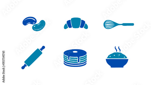 Minimal food icon collection including croissant, pancakes, rolling pin, bowl, and cooking tools. Ideal for bakery, kitchen, and restaurant themes.