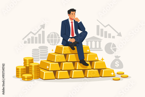 Successful Businessman Sitting on a Pile of Gold Bars and Coins, Concept of Wealth Management, Financial Success, Investment Strategy, Asset Allocation, and Gold as a Safe Haven Asset.