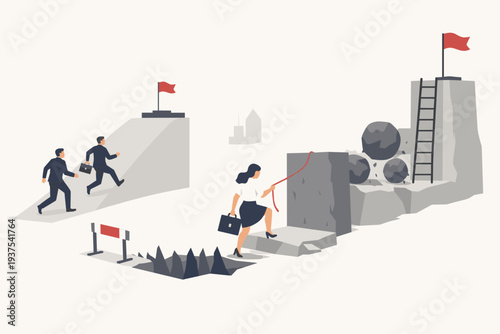 Gender Inequality and Workplace Discrimination Concept with a Businesswoman Facing Difficult Obstacles and Hurdles While Men Run Up an Easy Ramp to Success and Career Achievement Vector Illustration