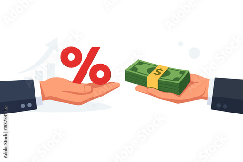 Business hands exchanging a red percentage symbol for a stack of cash money, representing investment profit, interest rates, dividends, financial growth, tax returns, or loan transactions.