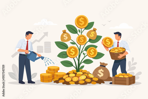Businessmen watering and harvesting a money tree for investment growth, wealth management, passive income, and financial success. Concept of savings, profit, and long-term capital gains vector.