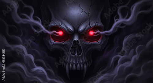 Spooky skull with glowing red eyes surrounded by dark mist.