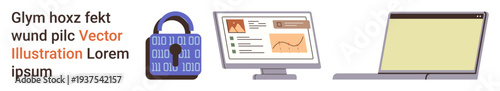 Cybersecurity, data protection, online safety, digital analytics, technology usage, secure access. Digital lock, computer screen with graphs and a laptop are visible. Cybersecurity and data