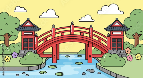 Japanese Garden Bridge with Pagodas and Pond