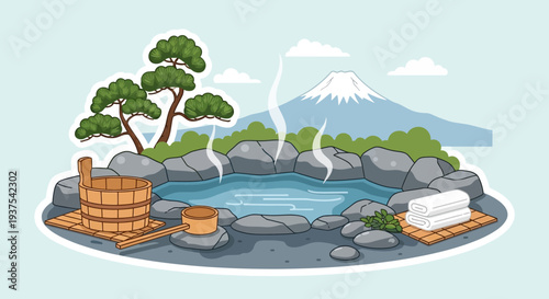 Japanese Hot Spring with Mt. Fuji Background