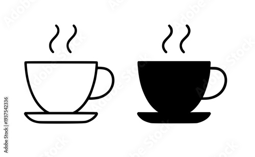 Minimalist drink icon, vector illustration of a cup of coffee, black and white in outline and silhouette design style