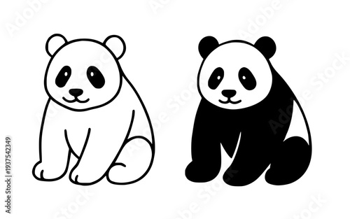 Minimalist wild animal icon, vector illustration of panda, black and white in outline and silhouette design style