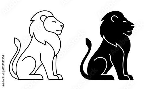 Minimalist wild animal icon, vector illustration of a lion, black and white in outline and silhouette design style