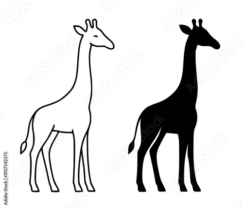 Wild animal minimalist icon, vector illustration of giraffe, black and white in outline and silhouette design style