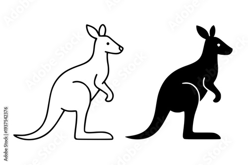 Minimalist wild animal icon, vector illustration of kangaroo, black and white in outline and silhouette design style