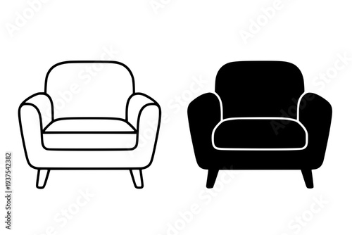 Minimalist interior icon, vector illustration of armchair, black and white in outline and silhouette design style