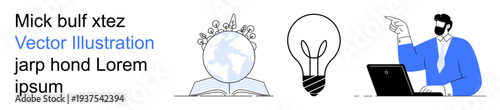 Global education, innovative solutions, remote teamwork, knowledge sharing, creative thinking, online learning. Iconic ions of Earth, lightbulb and professional using a laptop. Global education