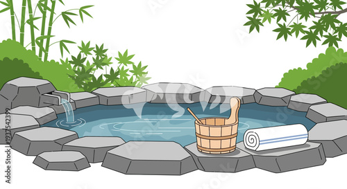 Japanese hot spring, onsen, with bamboo and maple leaves